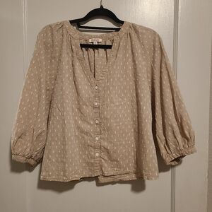 tan Badgley Mischka Swiss Dot Cotton Blouse Size M